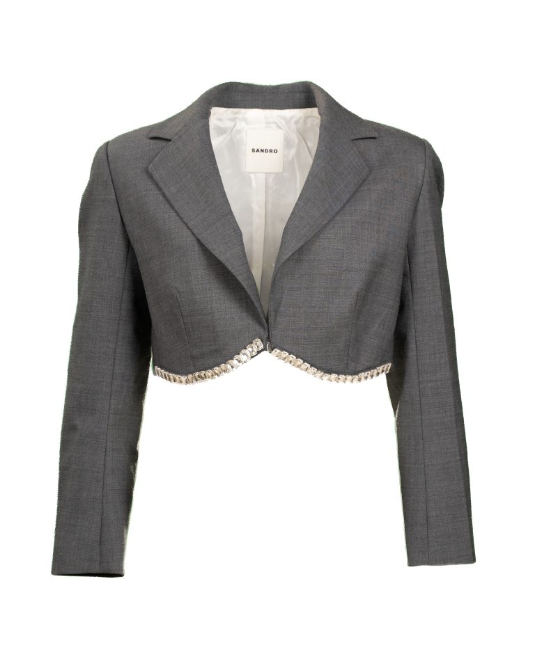 Blazer corto donna – In misto lana grigio con decorazioni in cristallo