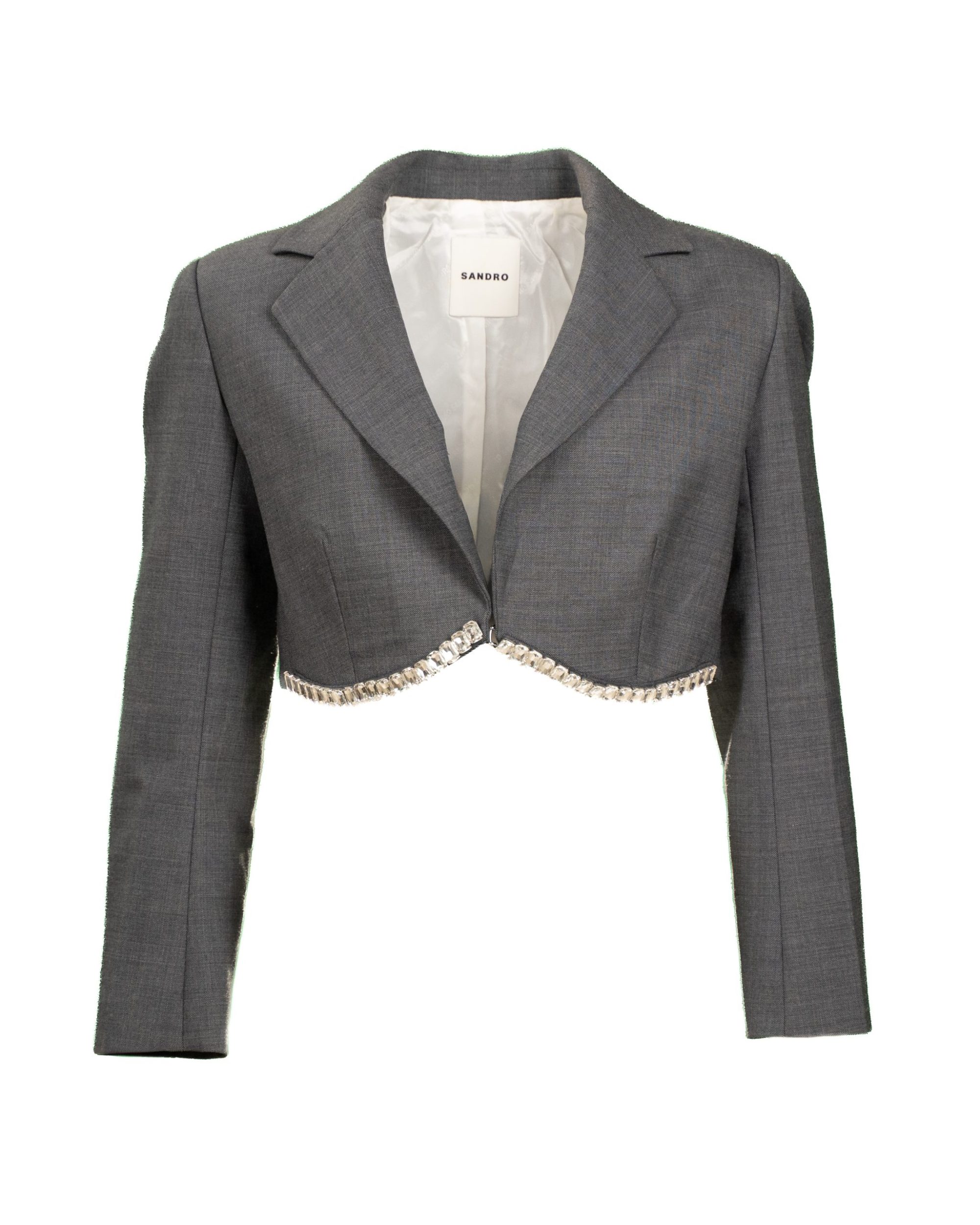 Blazer corto donna – In misto lana grigio con decorazioni in cristallo
