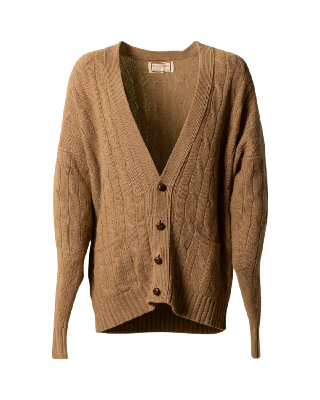 Cardigan uomo Alan Paine in puro cammello cable knit con bottoni in pelle