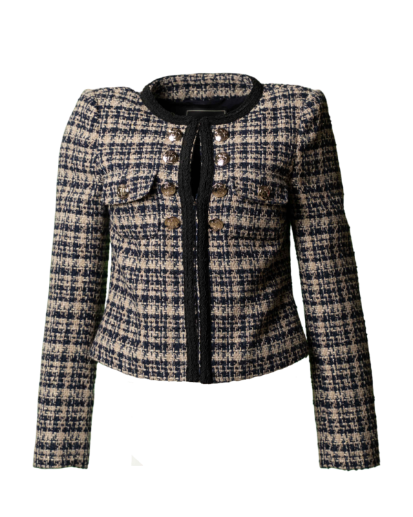 Giacca donna Liu Jo Milano in tweed check blu e crema con bottoni gioiello