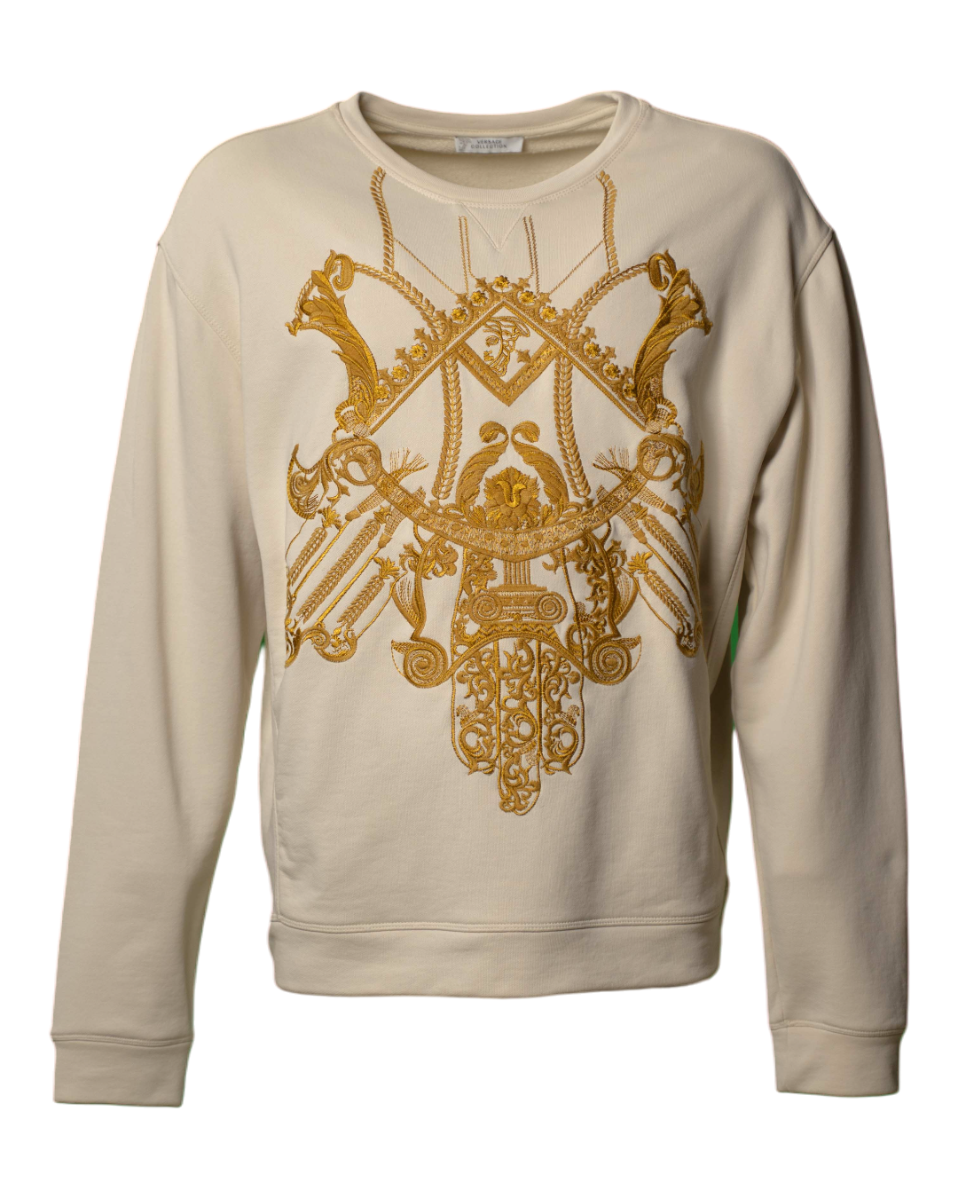 Felpa uomo Versace Collection girocollo panna con ricamo dorato