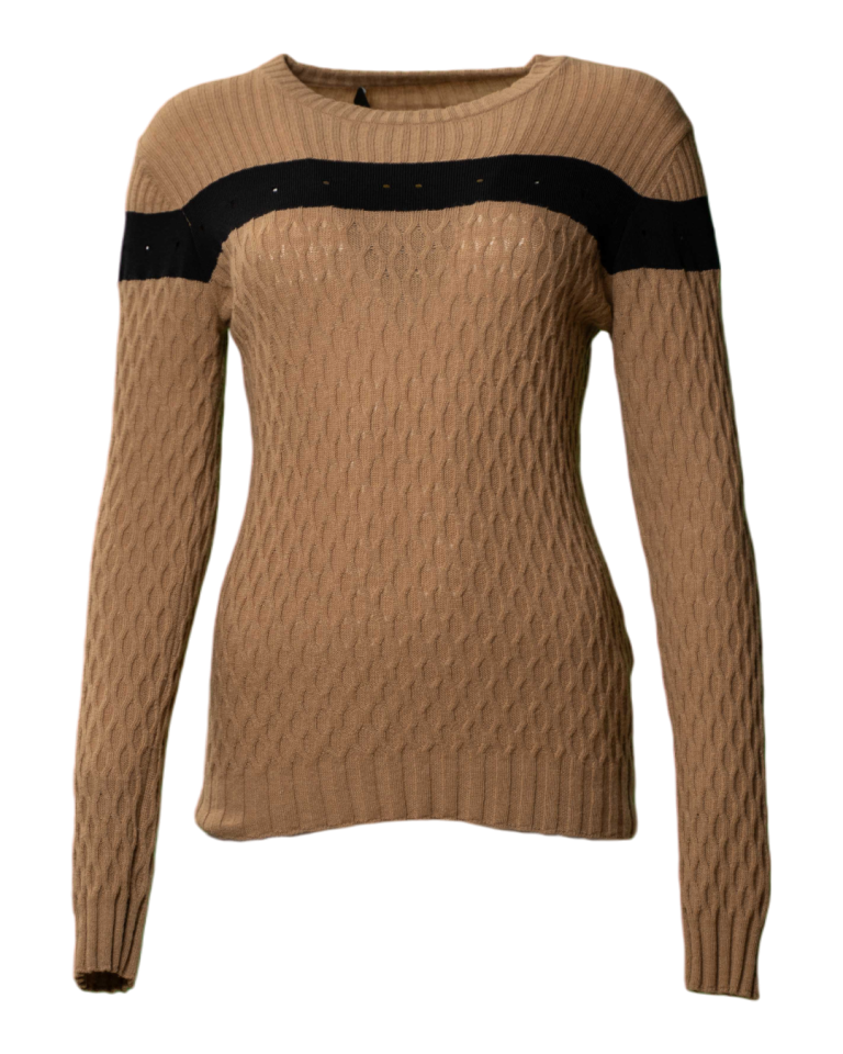 Maglione donna Love Moschino a trecce color cammello con banda nera