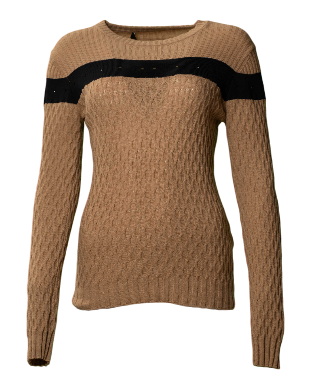 Maglione donna Love Moschino a trecce color cammello con banda nera