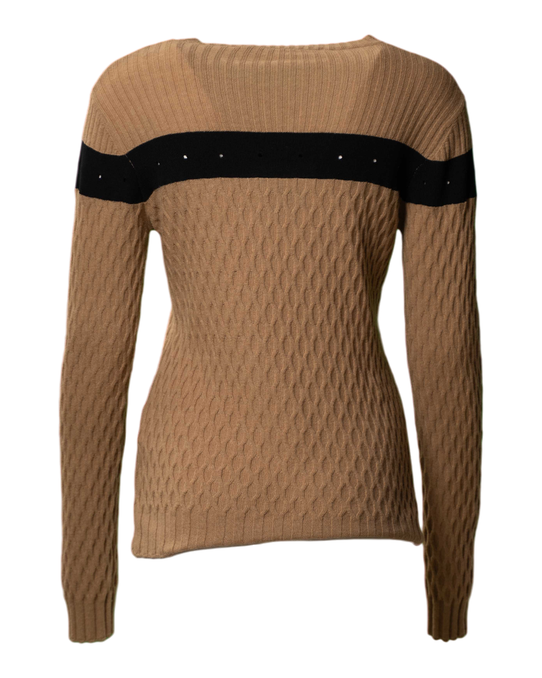 Maglione donna Love Moschino a trecce color cammello con banda nera - foto 2