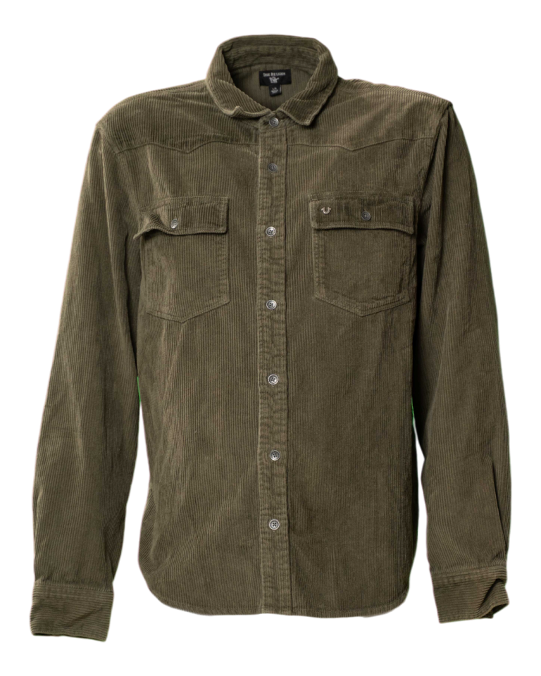 Camicia uomo True Religion in velluto a coste verde oliva con tasche frontali