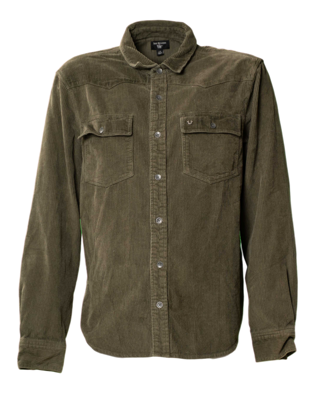 Camicia uomo True Religion in velluto a coste verde oliva con tasche frontali