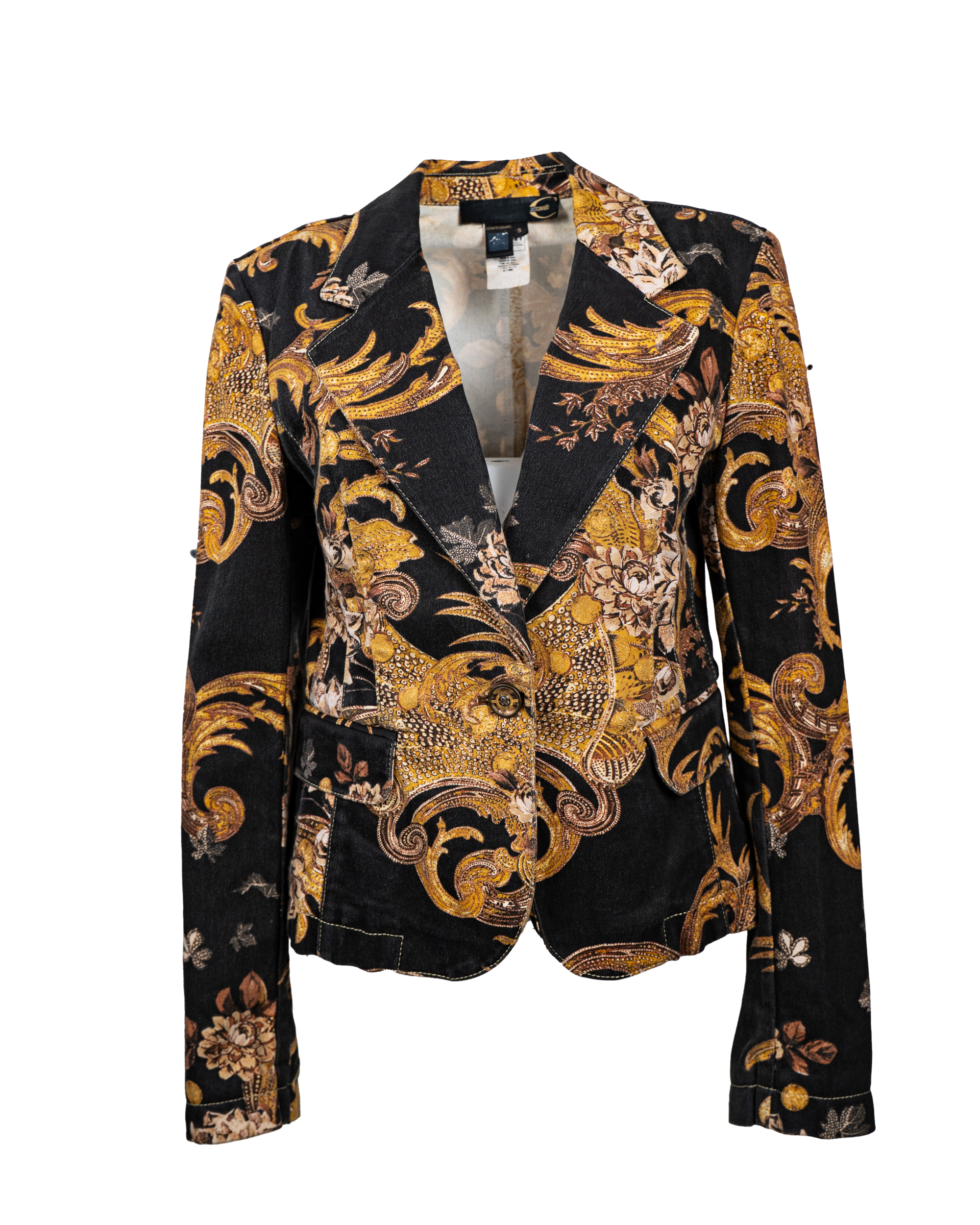 Giacca Donna Just Cavalli Nera Stampa Barocca Oro Lurex Vintage Anni 2000 Luxury