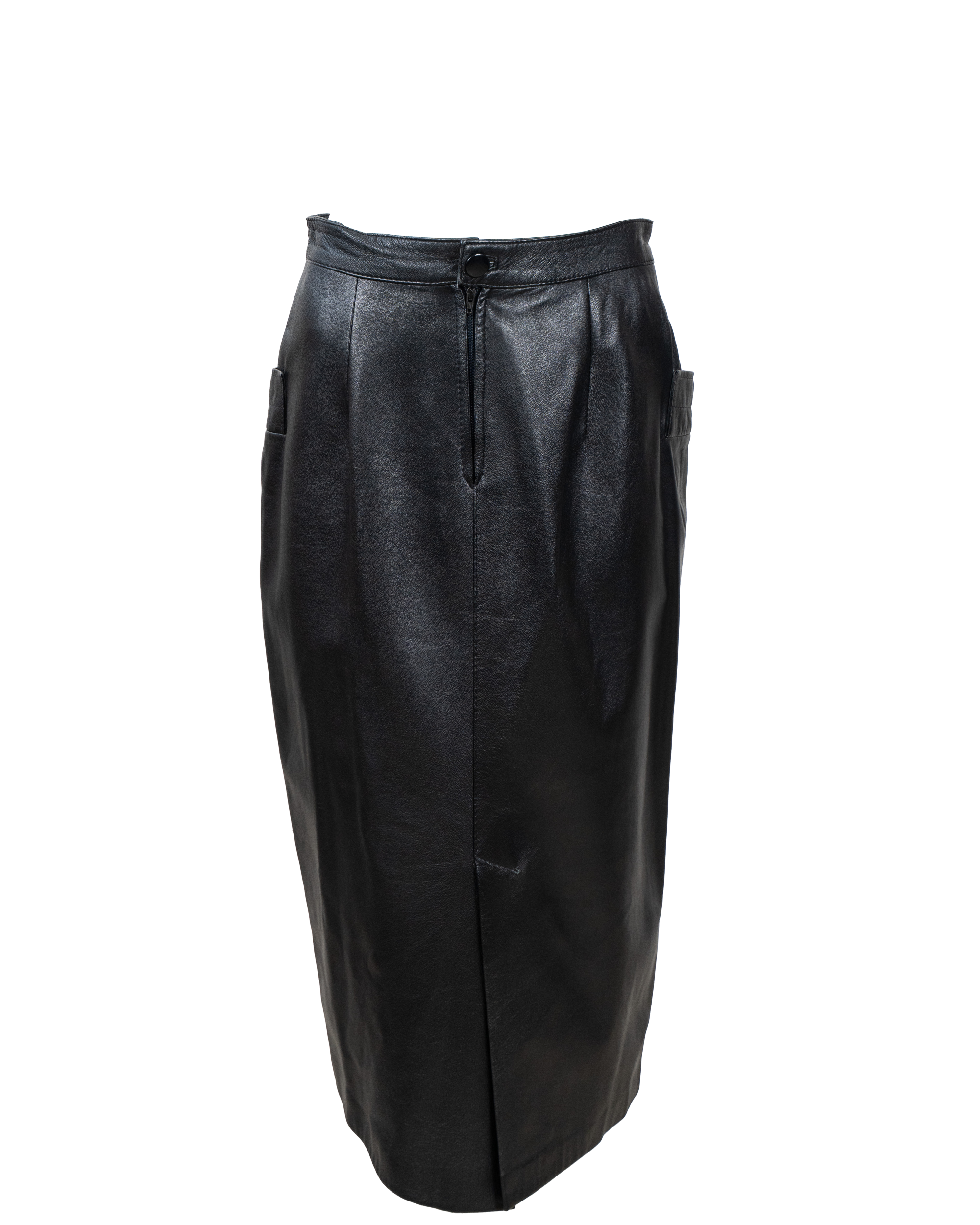 Gonna Midi Donna Danilo Pontini Nera Vera Pelle Vita Alta Tasche Applicate Vintage