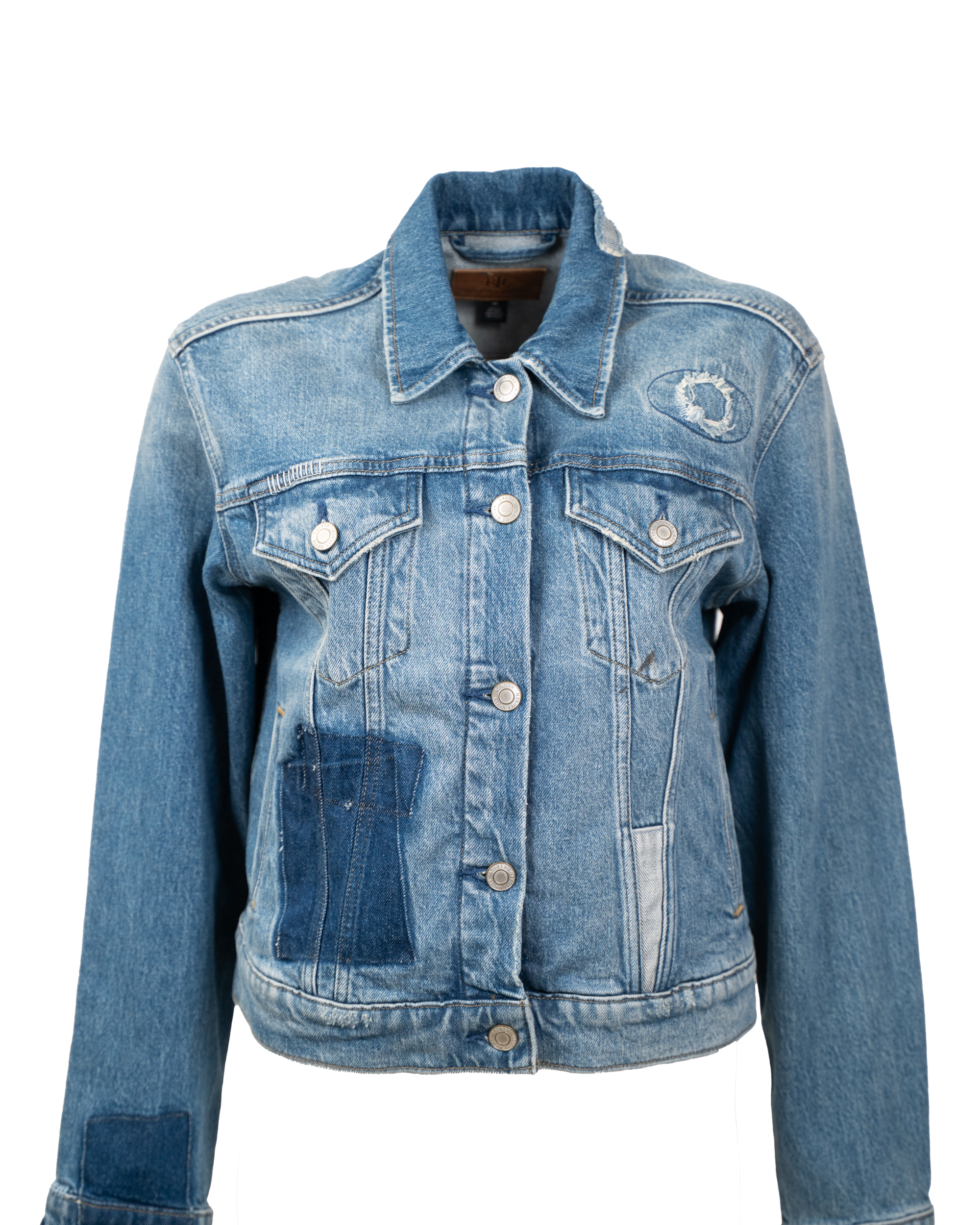 Giacca Jeans Ralph Lauren Denim Azzurro Destroy Patch Repair Vintage Unisex Taglia M