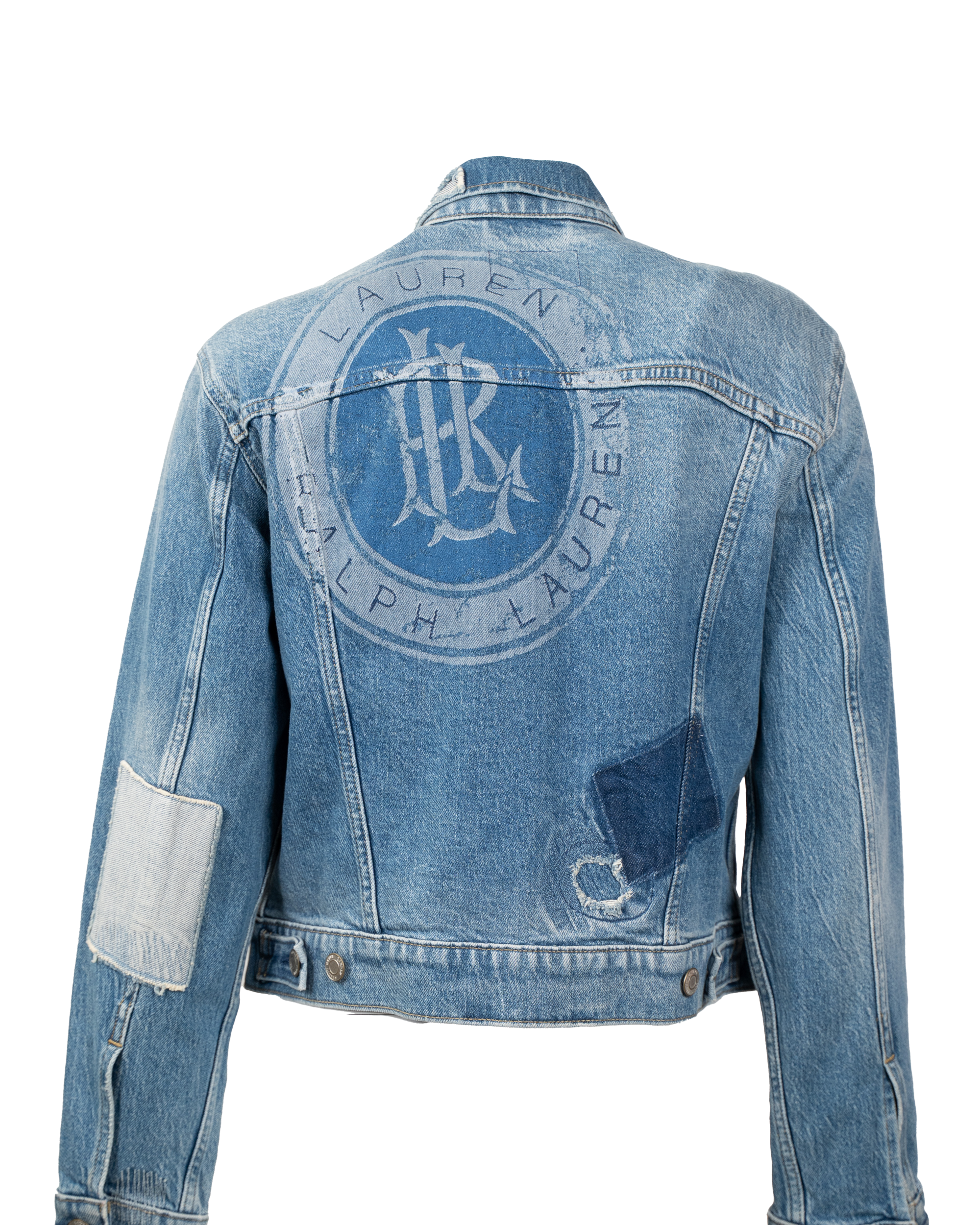 Giacca Jeans Ralph Lauren Denim Azzurro Destroy Patch Repair Vintage Unisex Taglia M - foto 2