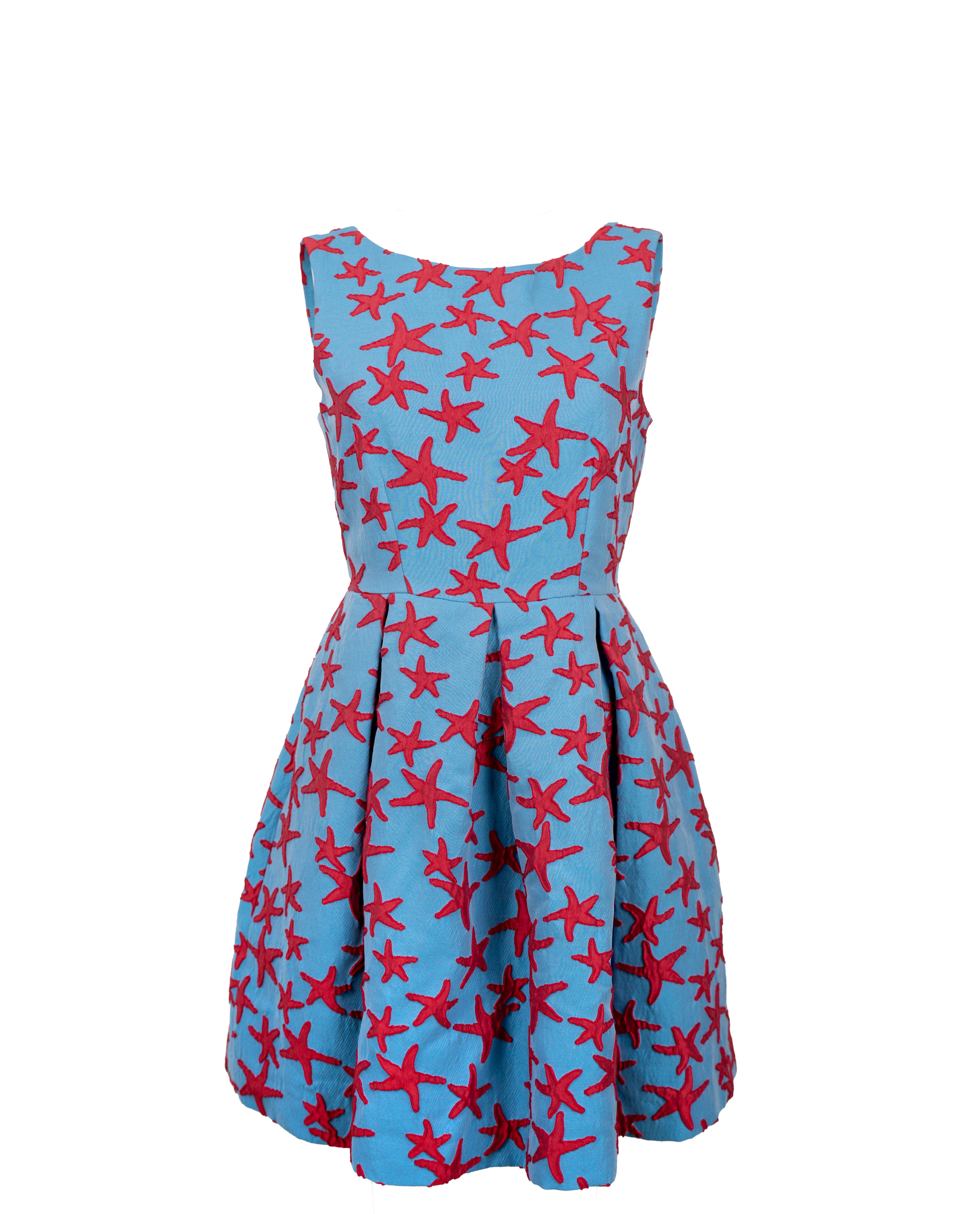 Abito Donna Zoé Milano Azzurro Stelle Marine Rosse Ricamate Gonna Pieghe Smanicato Vintage