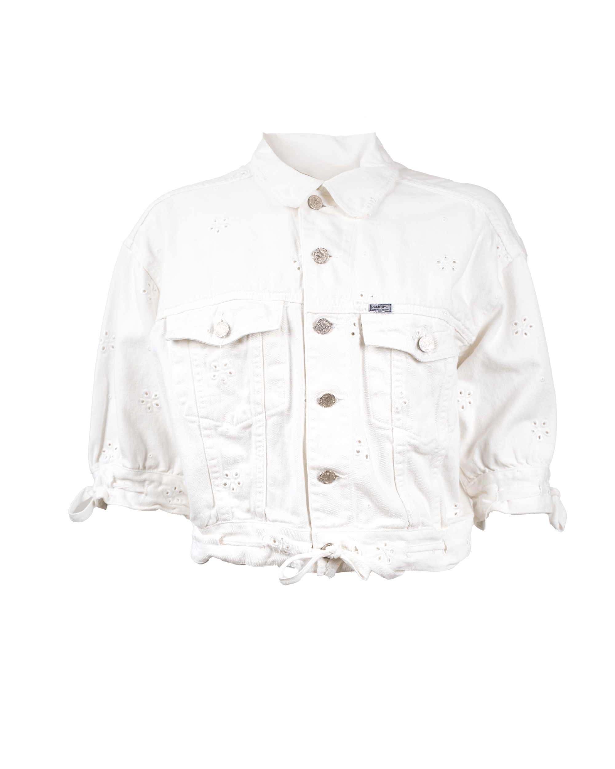 Giacca Donna Vintage Bianca Denim Sangallo Maniche Palloncino Bottoni Argento Crop Anni 90
