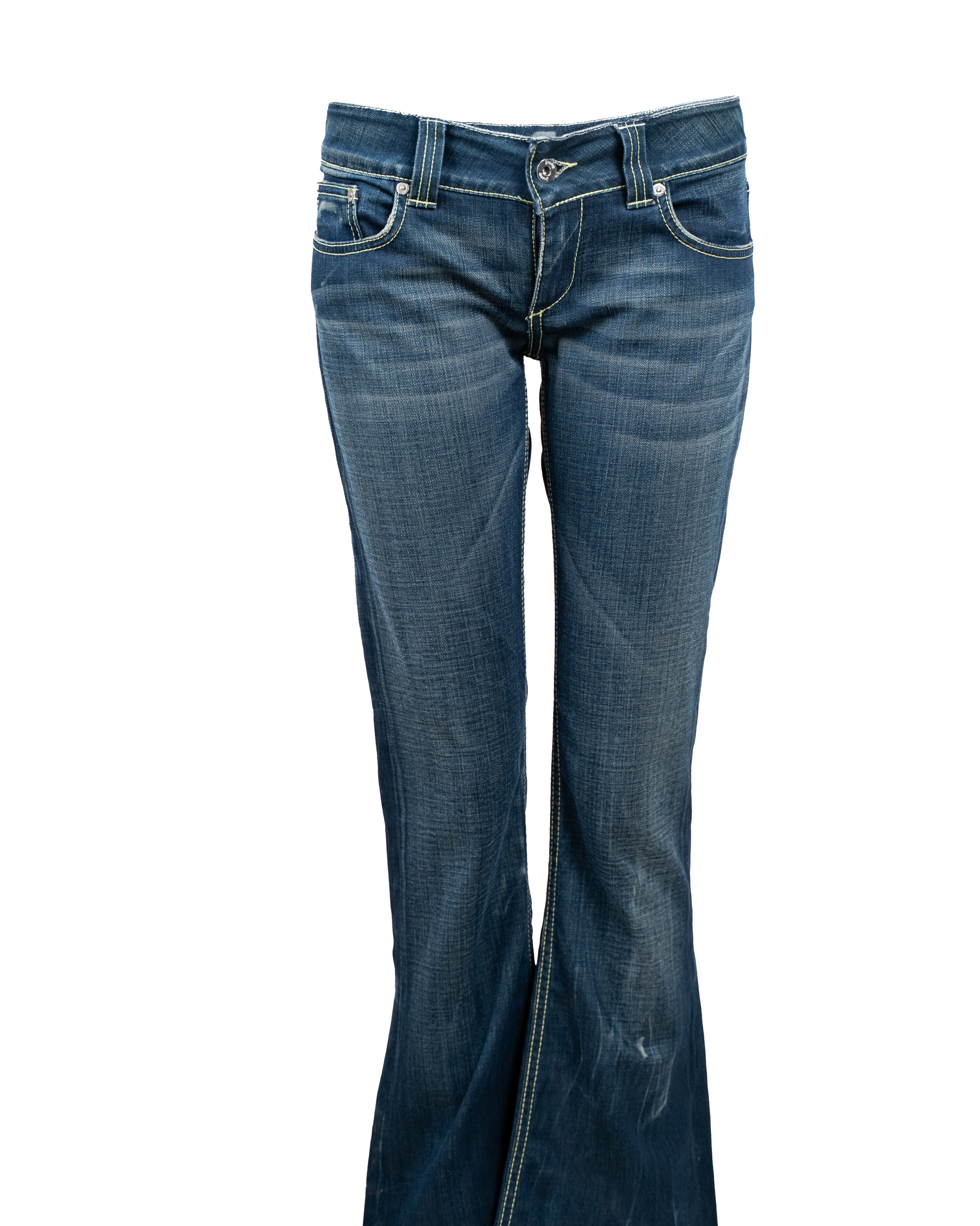 Jeans Donna DonDup Blu Scuro Flare Vita Bassa Cuciture Gialle Denim Premium Vintage Anni 2000
