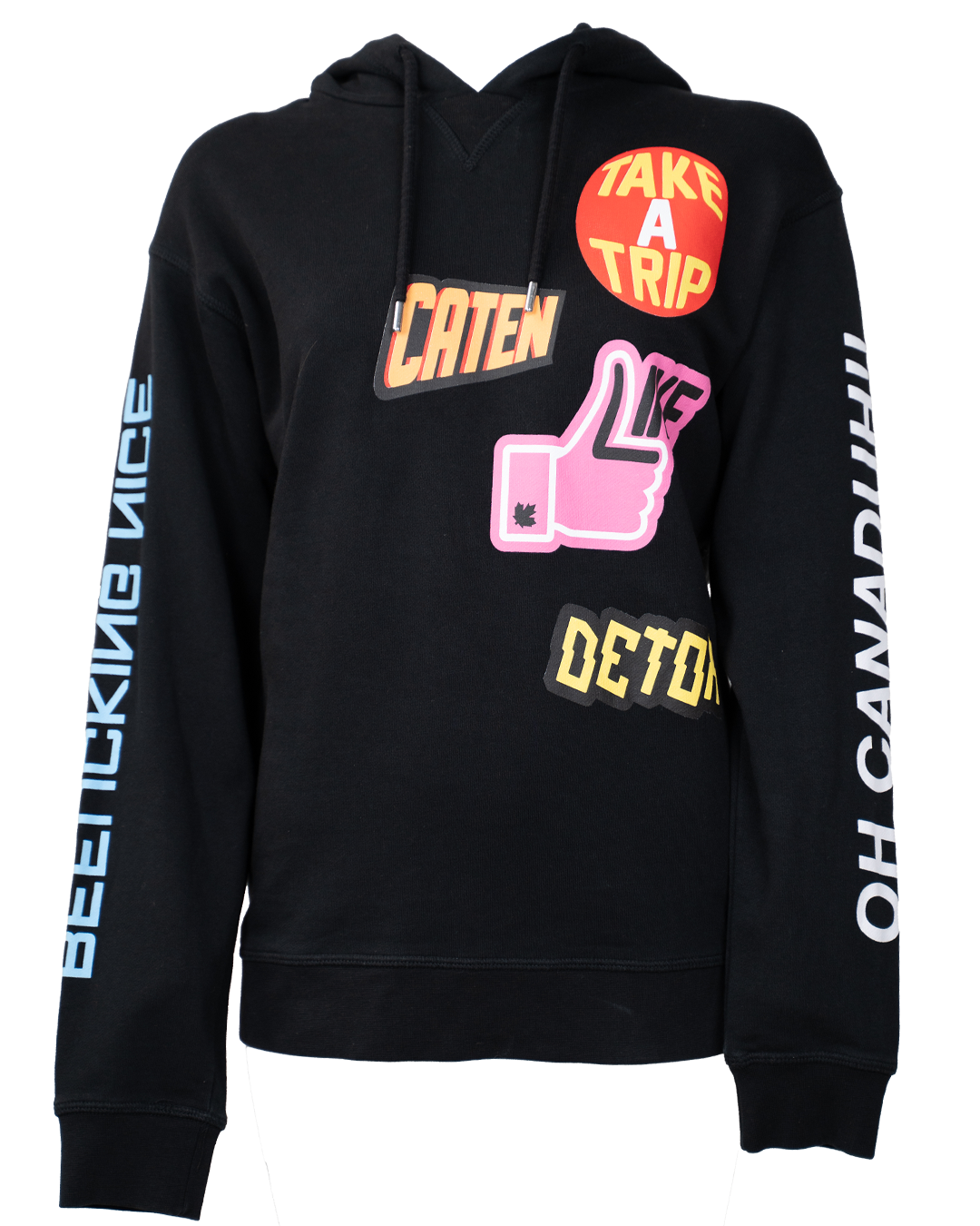 Felpa Donna Dsquared2 Nera con Cappuccio Patch Multicolor Caten Take A Trip Made in Italy