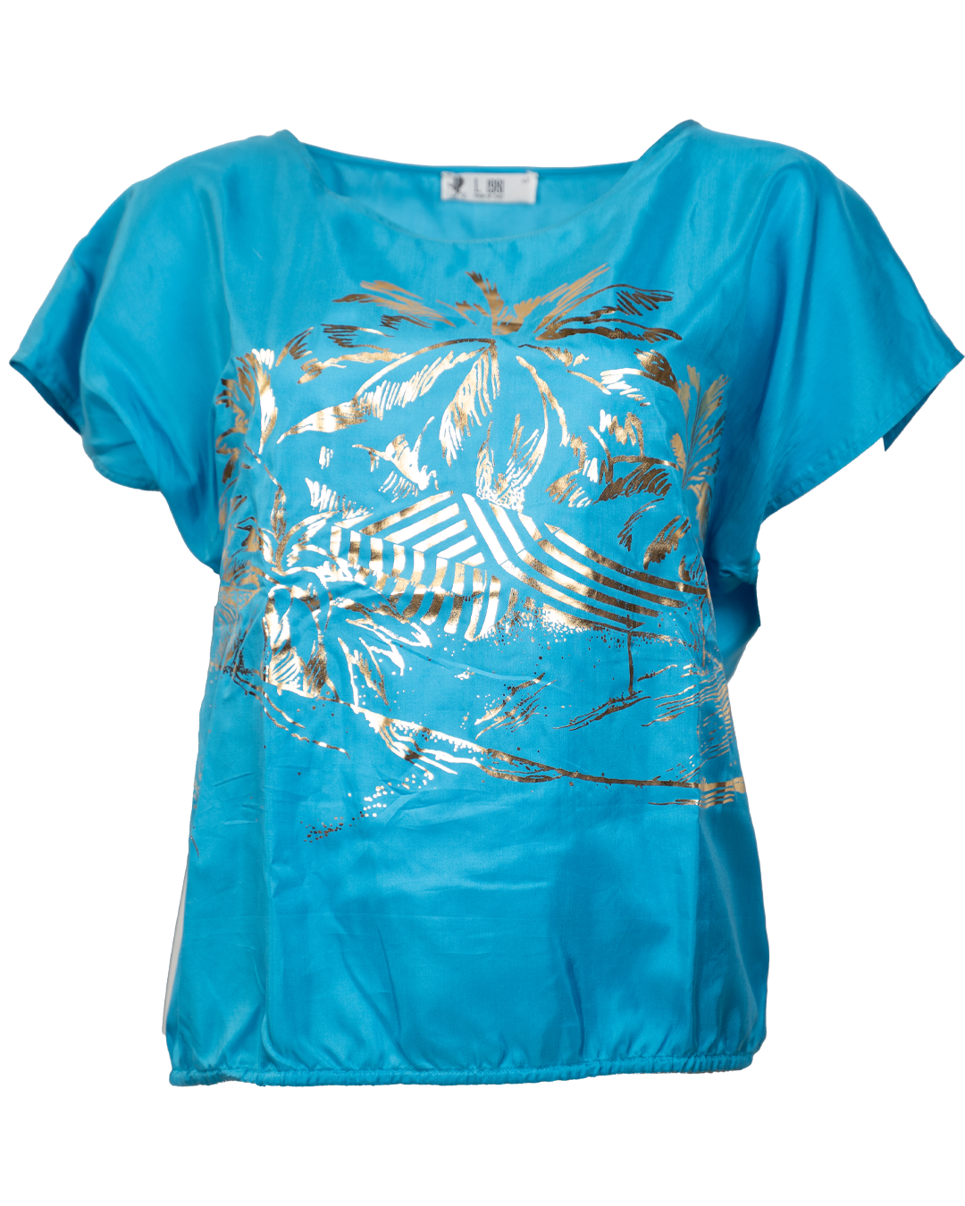 Maglia Donna Vintage Anni 80 Turchese Stampa Oro Palme Tropicale Manica Corta