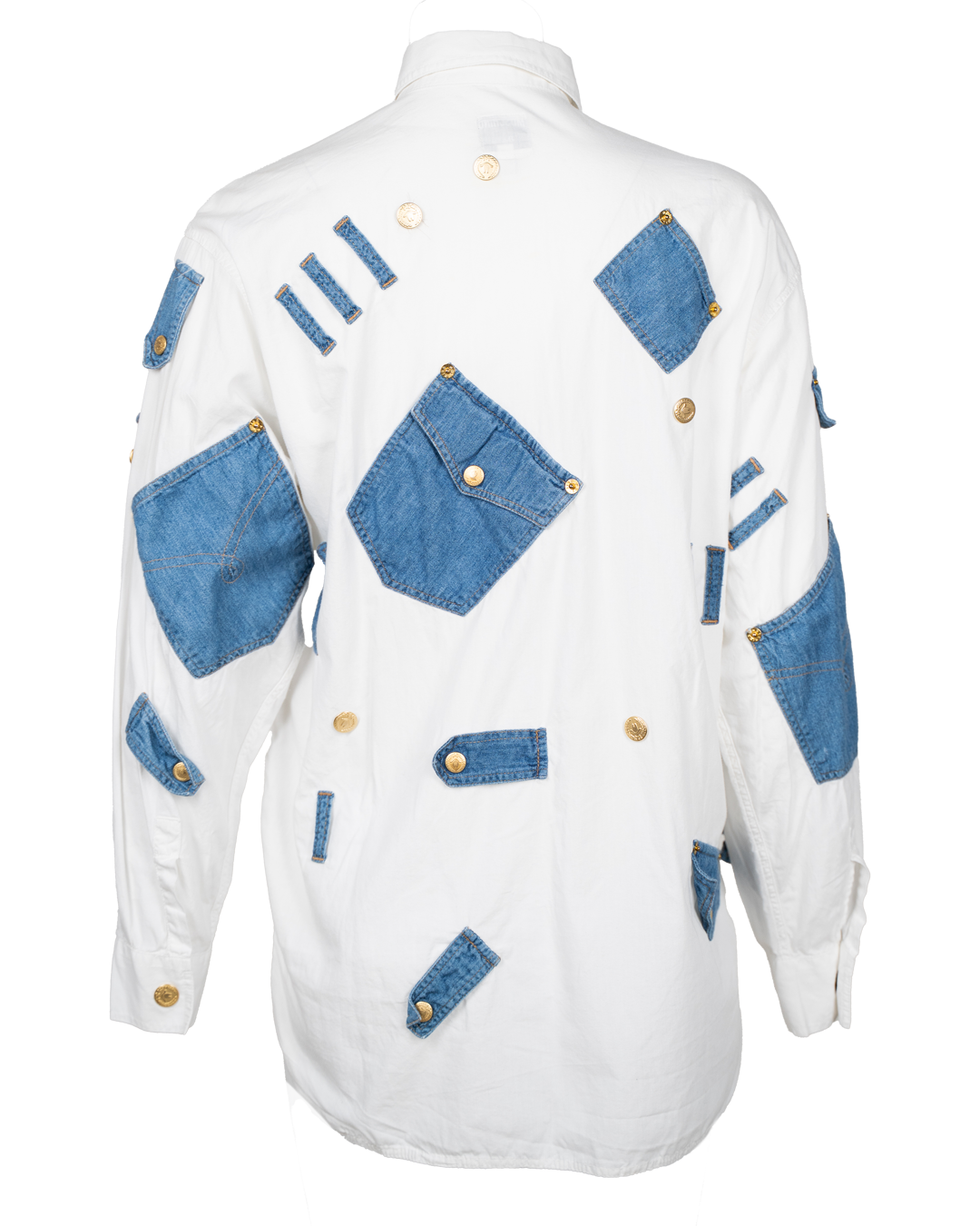 Camicia Donna Moschino Bianca con Applicazioni Denim Trompe-l'œil Bottoni Dorati Made in Italy - foto 2