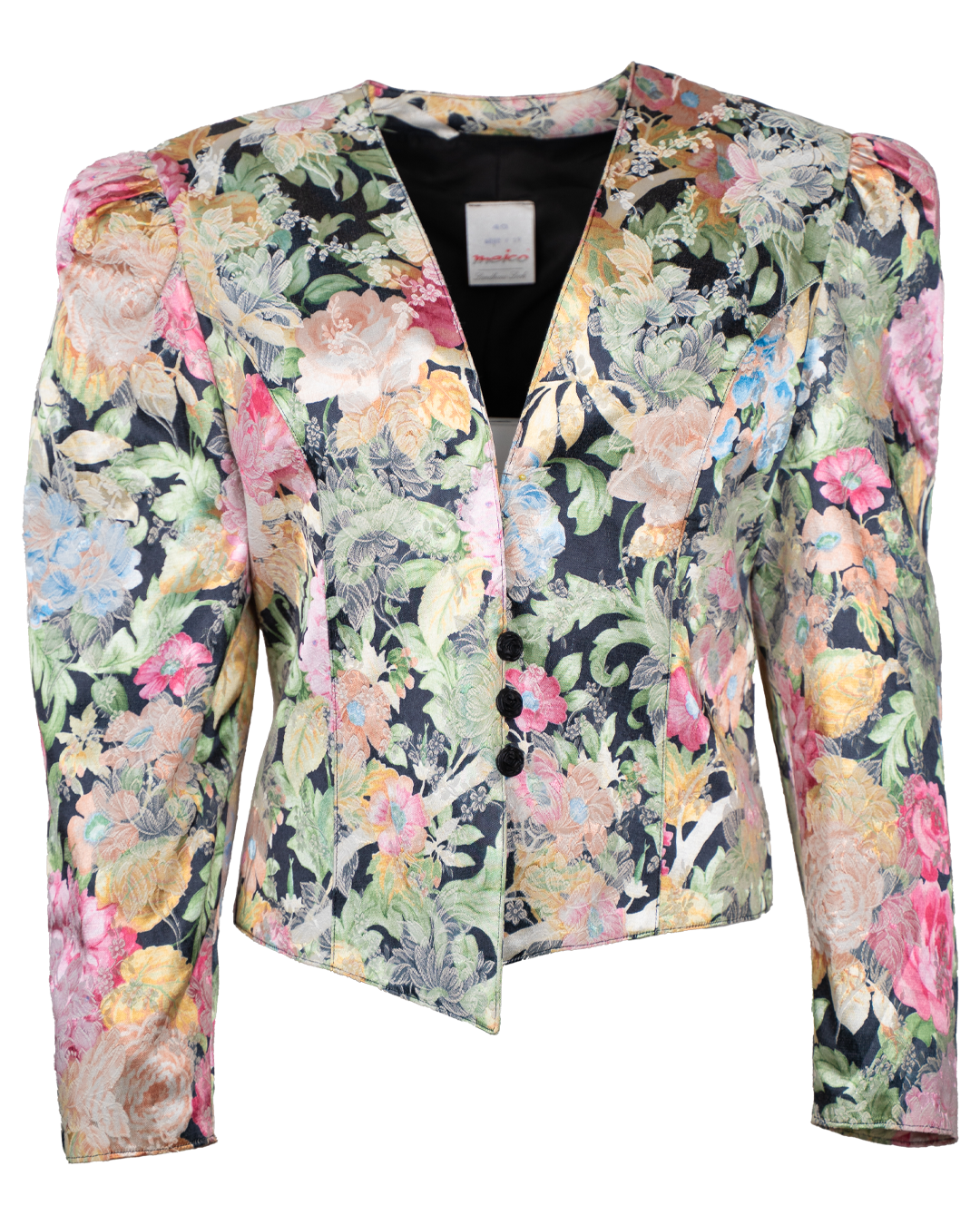 Giacca Donna Meico Vintage Anni 80 Stampa Floreale Multicolor Bottoni Rosa Nera