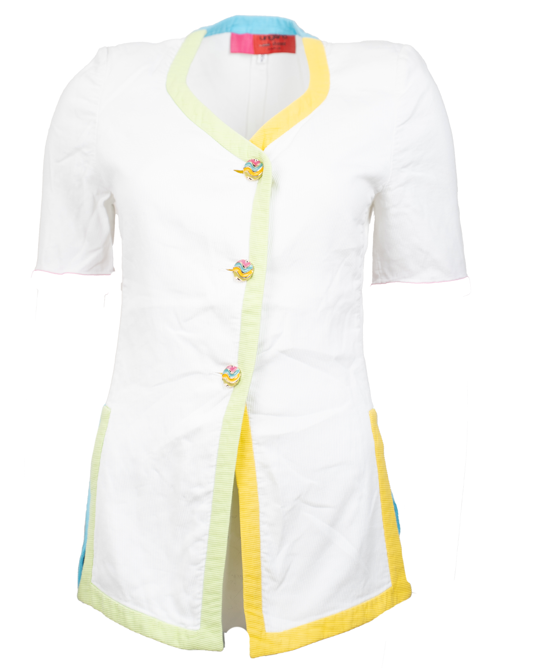Camicia Donna Emanuel Ungaro Bianca Tessuto Coste Bordi Multicolore Bottoni Smaltati Made in Italy