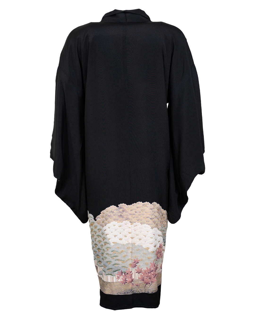 Kimono Giapponese Donna Vintage Nero Stampa Tradizionale Pini Foglie Acero Oro - foto 2