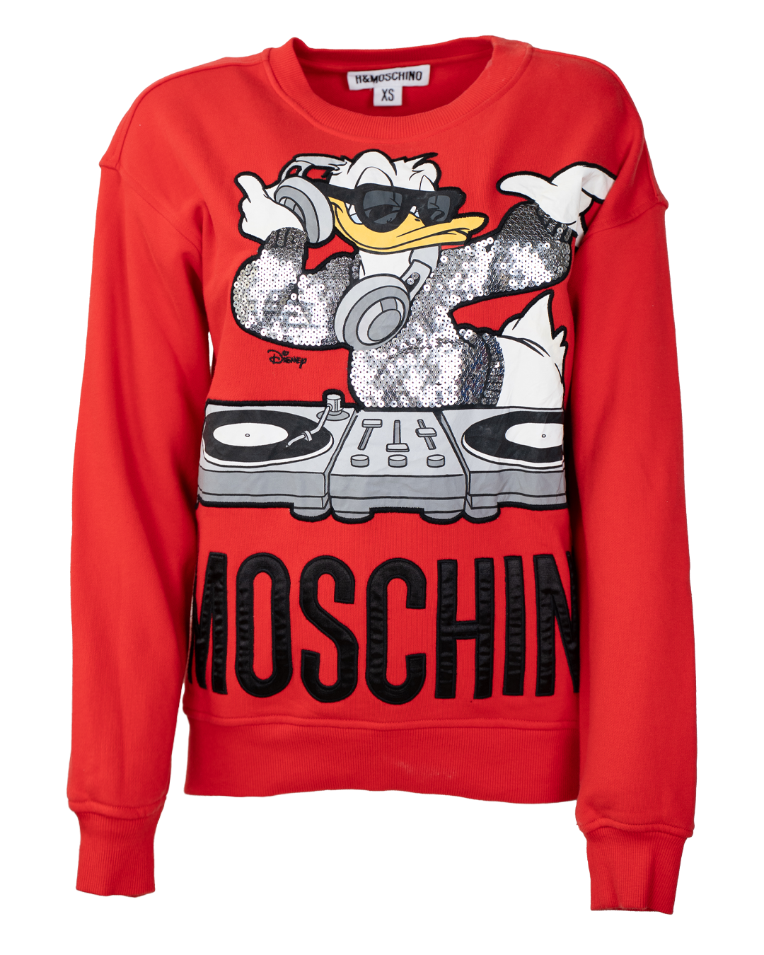 Felpa Donna Moschino x Disney Donald Duck DJ Rossa Paillettes Argento Vintage Anni 2000