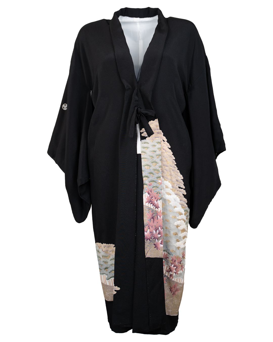 Kimono Giapponese Donna Vintage Nero Stampa Tradizionale Pini Foglie Acero Oro