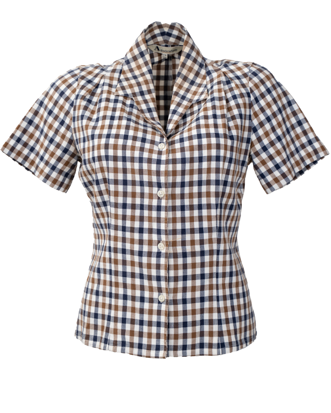 Camicia Donna Aquascutum a Quadri Marrone e Blu Manica Corta Cotone Vintage British