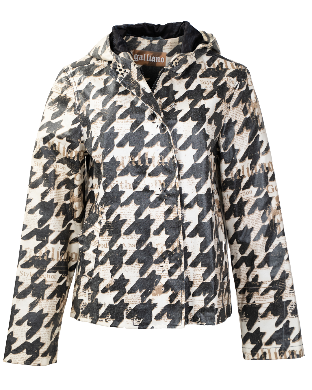 Giacca con Cappuccio Donna John Galliano Newspaper Print Pied-de-Poule Nero Bianco Beige Anni 2000