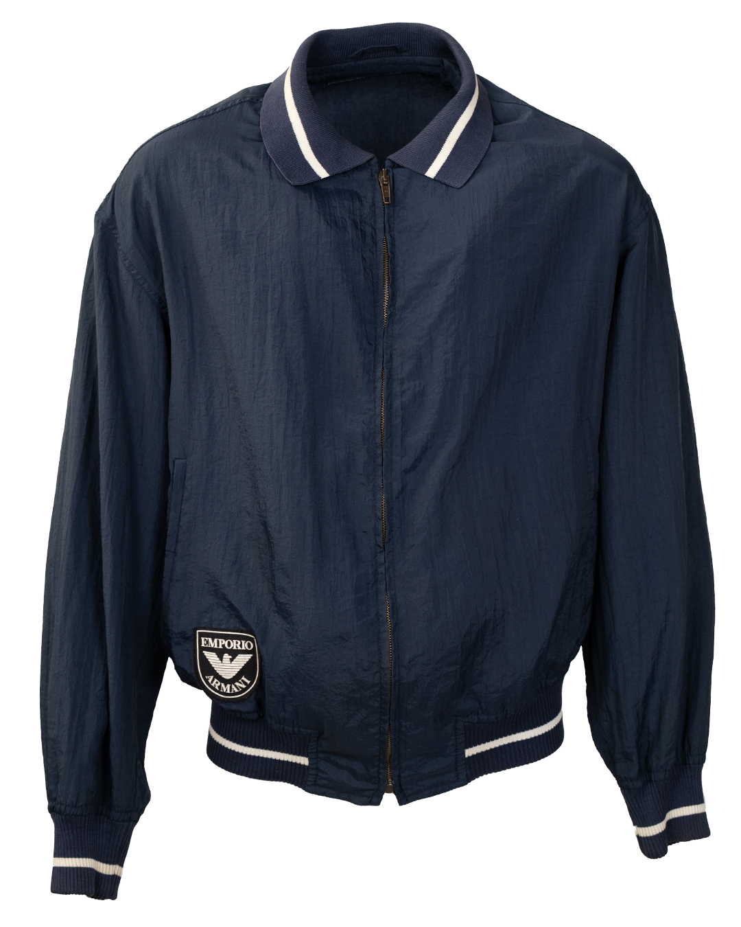 Giacca Bomber Uomo Emporio Armani Blu Navy Nylon Anni 90 Logo Patch Vintage Made in Italy