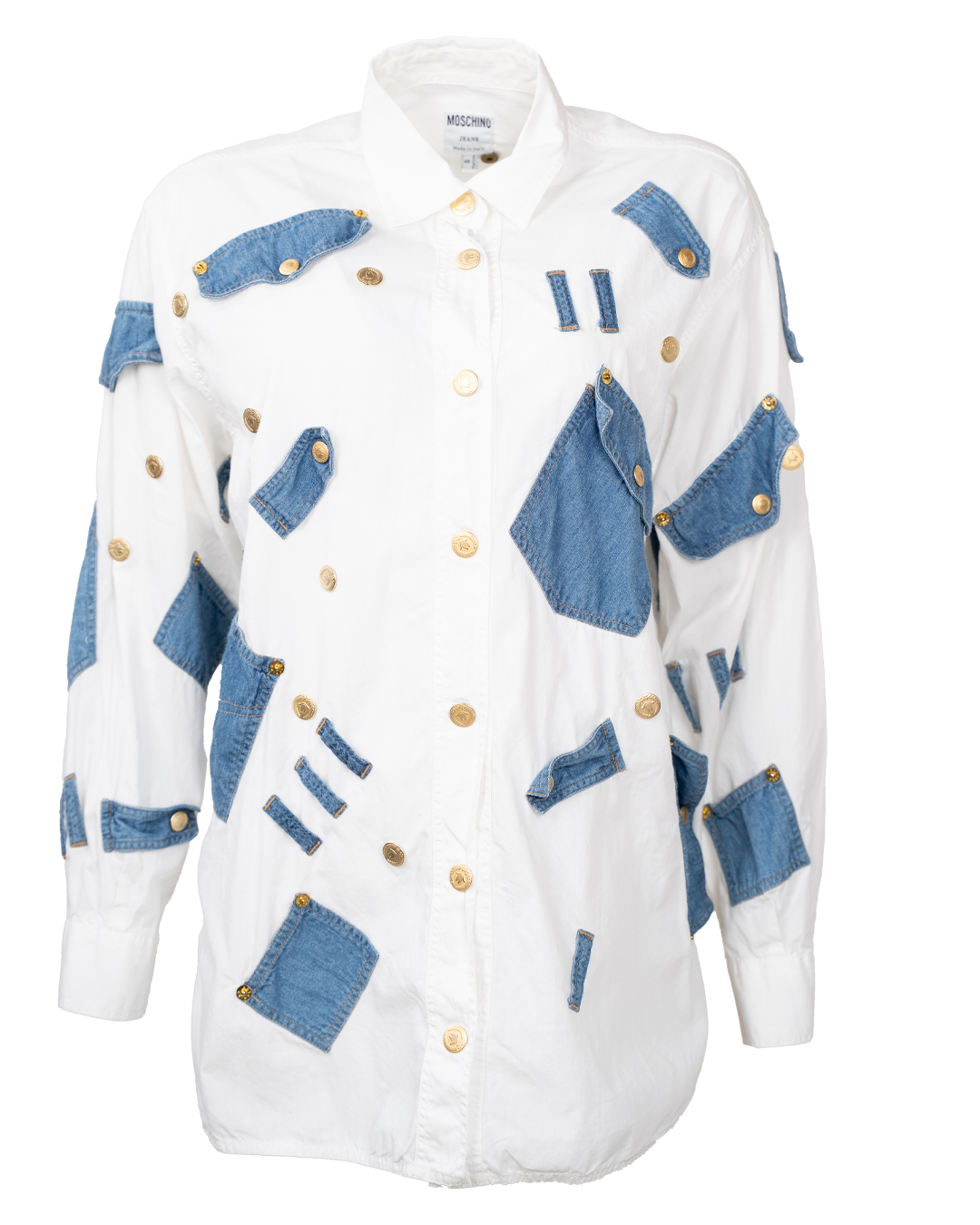 Camicia Donna Moschino Bianca con Applicazioni Denim Trompe-l'œil Bottoni Dorati Made in Italy