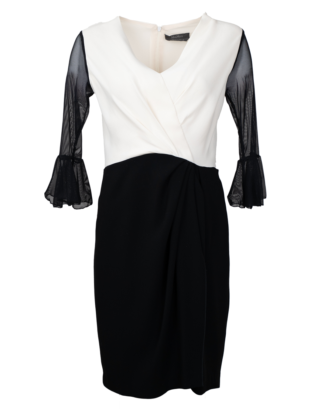 Vestito Donna Max Mara Bicolor Bianco Avorio e Nero con Maniche in Tulle Plissettato Made in Italy