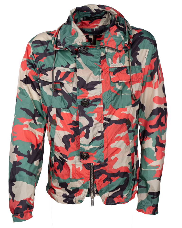 Giacca Uomo Dsquared2 Camouflage Verde Rosa Cappuccio Anni 2000 Streetwear