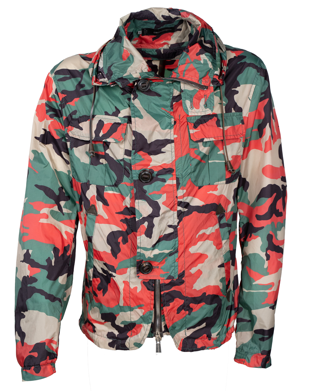 Giacca Uomo Dsquared2 Camouflage Verde Rosa Cappuccio Anni 2000 Streetwear