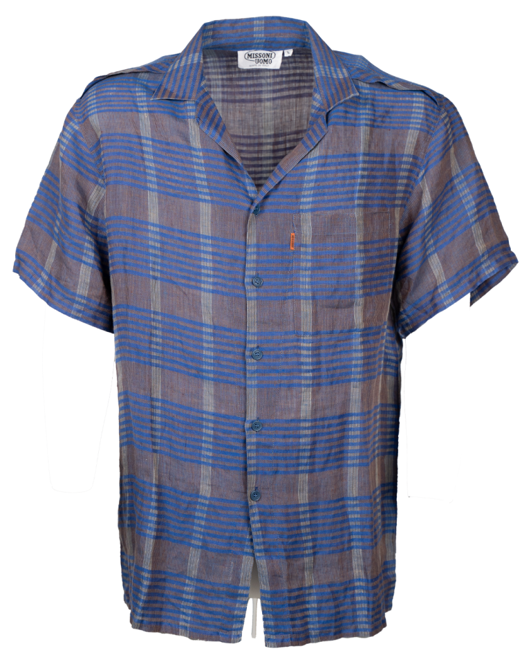 Camicia Uomo Missoni Puro Lino Anni 2000 Quadri Blu e Marrone Manica Corta
