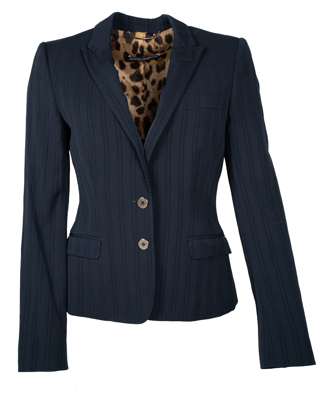 Giacca Donna Dolce & Gabbana Blu Notte Herringbone con Fodera Leopardata Made in Italy