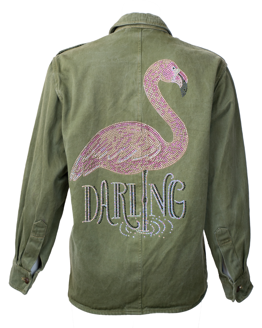 Camicia Donna SP Vintage Revival Verde Militare con Fenicottero Rosa in Strass e Scritta Darling