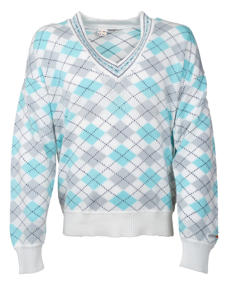 Maglione Uomo Ellesse Vintage Anni 80 Argyle Bianco Verde Acqua e Grigio Made in Italy