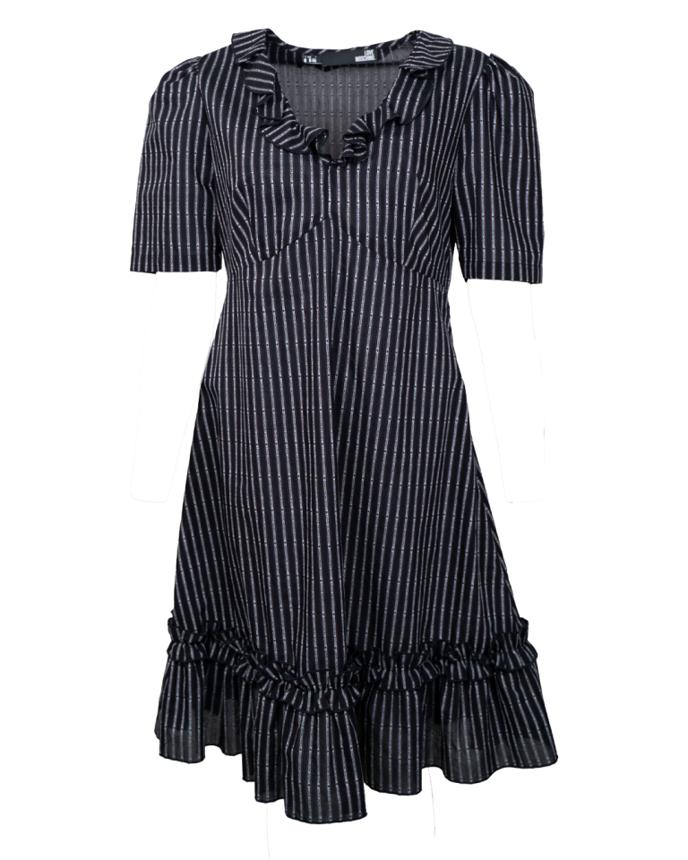 Vestito Donna Love Moschino Nero a Righe Bianche Fantasia Verticale con Volant