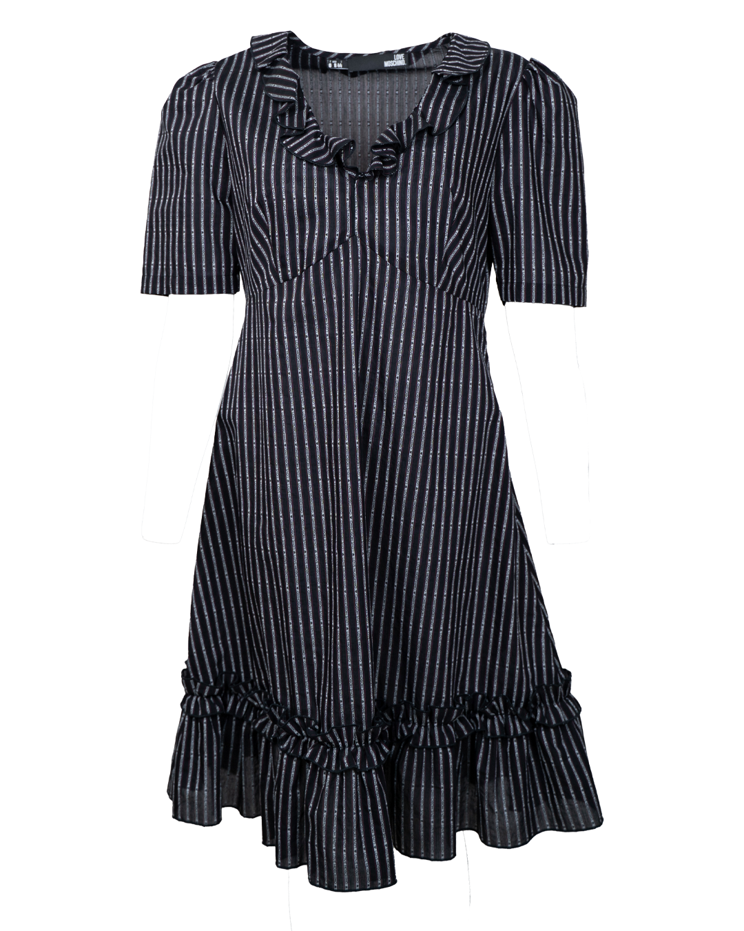 Vestito Donna Love Moschino Nero a Righe Bianche Fantasia Verticale con Volant