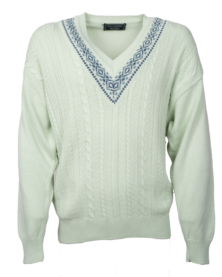 Maglia Donna Malagrida Vintage Anni 90 Verde Menta con Bordo Geometrico Blu Navy
