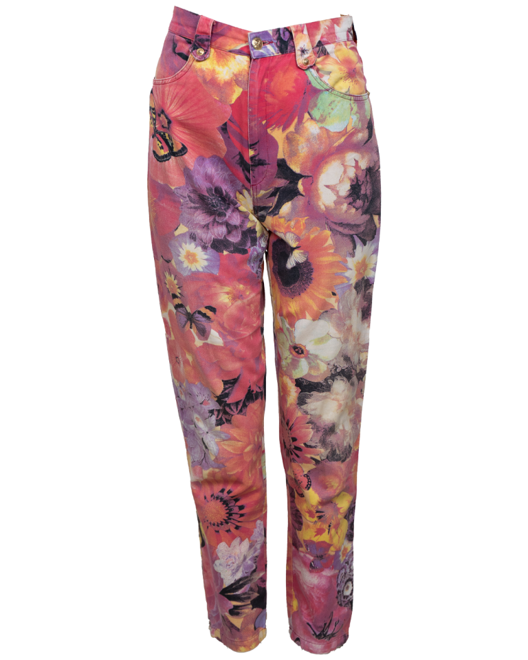 Pantalone Donna Christian Lacroix Vintage Stampa Fiori e Farfalle Multicolor Vita Alta