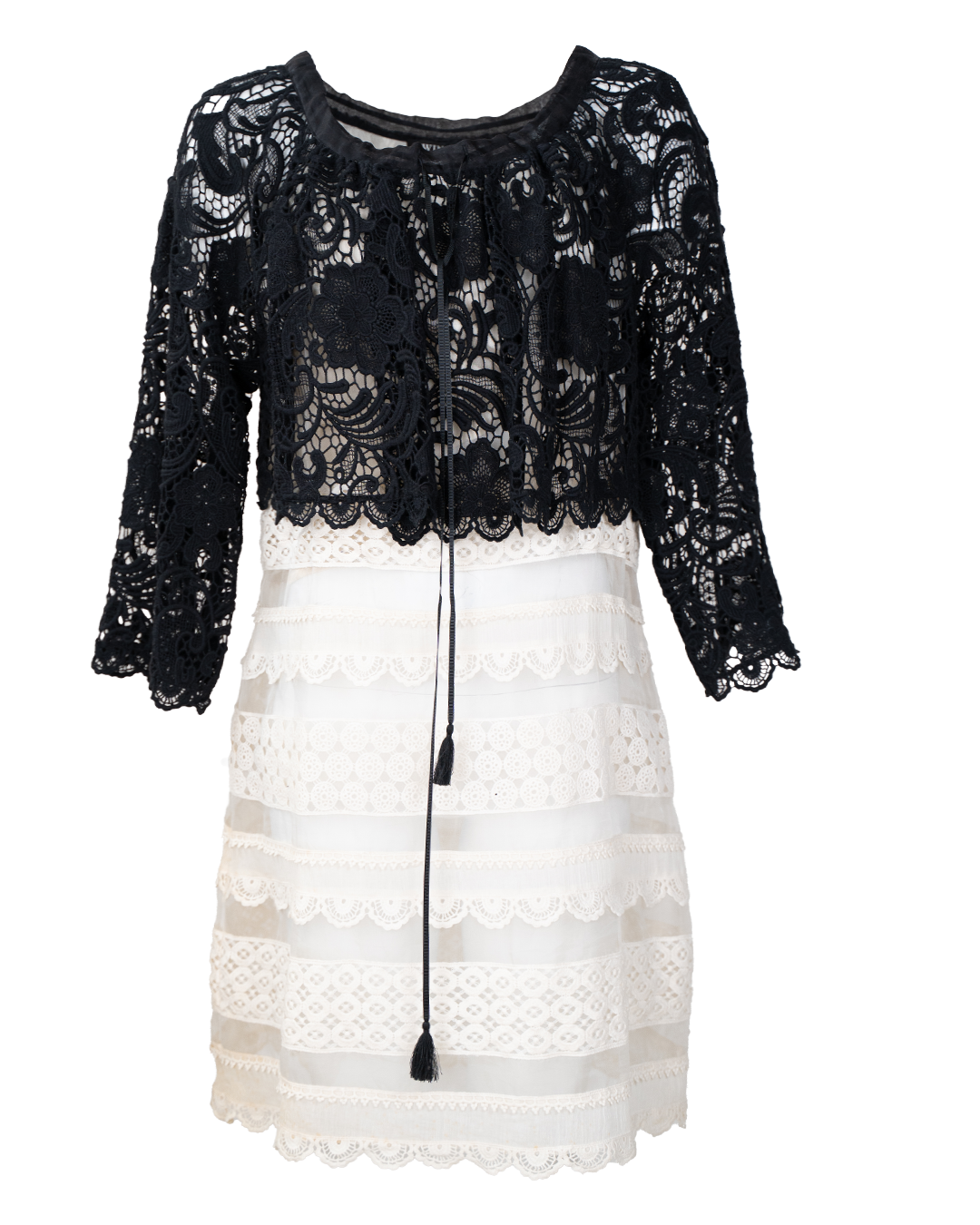 Abito Donna TwinSet Bicolore Pizzo Macramé Nero e Balze Bianche Vintage Cerimonia