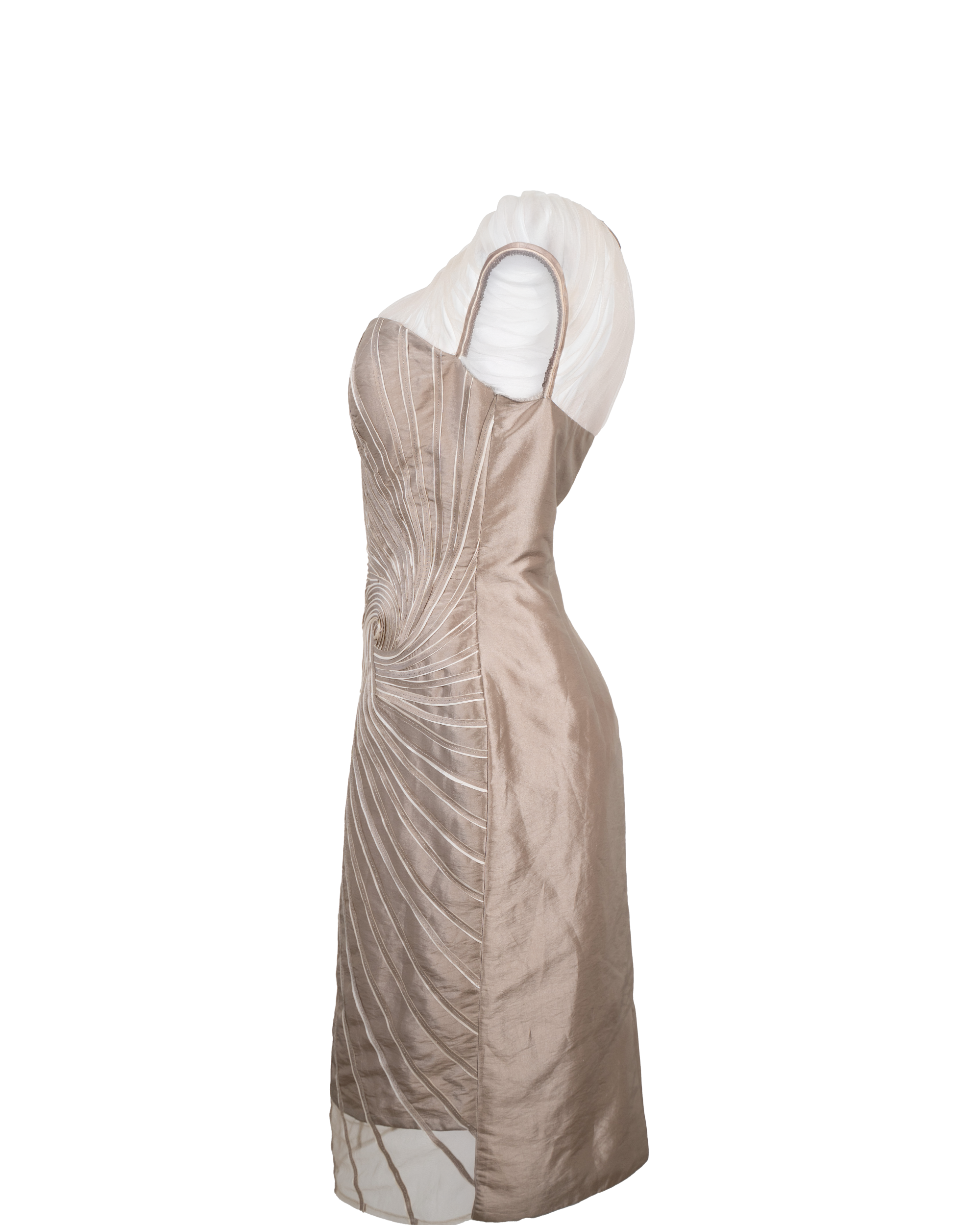 Abito Donna Gattinoni Tortora Plissé Spirale Scollo Organza Smanicato Cerimonia Vintage - foto 3