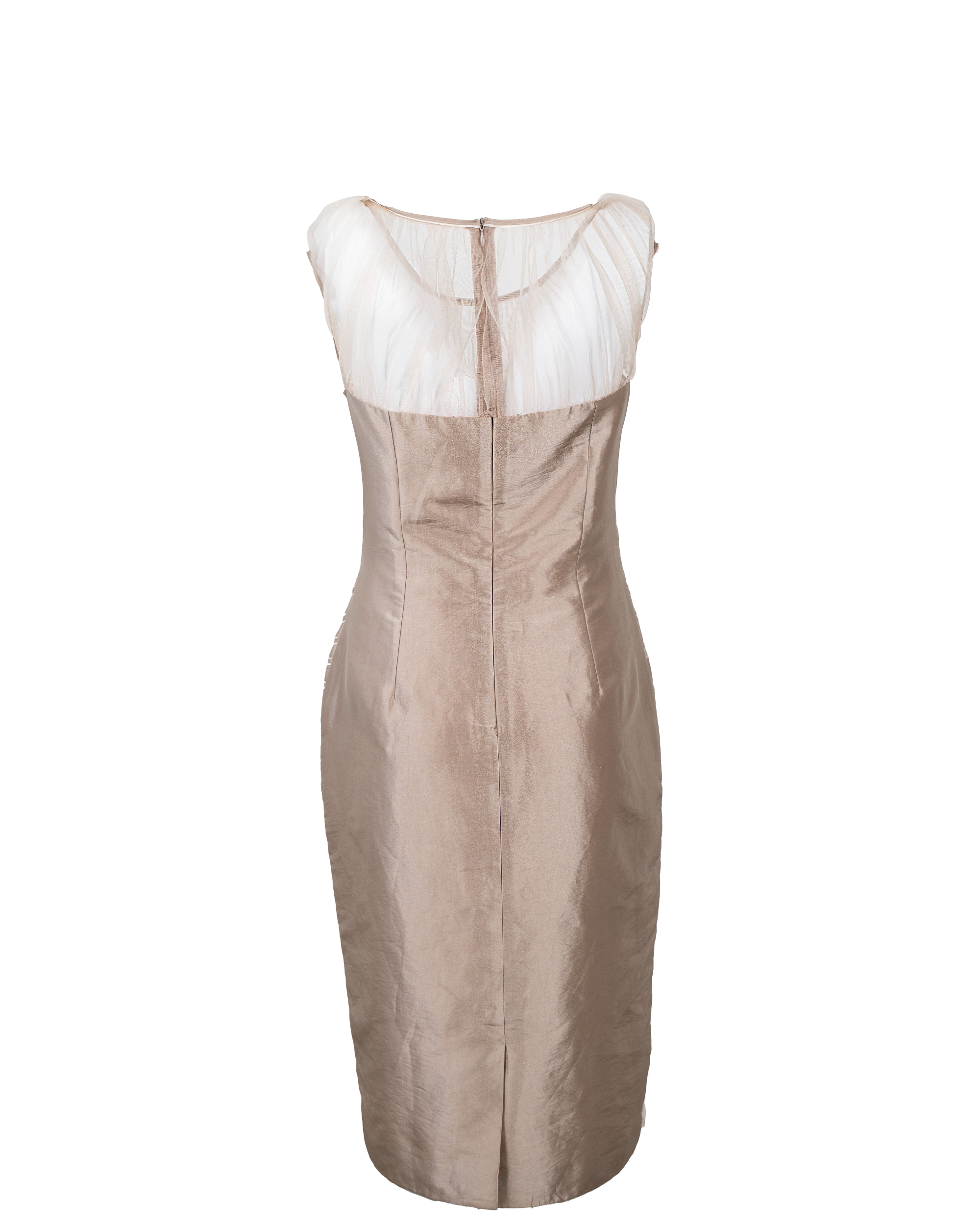 Abito Donna Gattinoni Tortora Plissé Spirale Scollo Organza Smanicato Cerimonia Vintage - foto 2