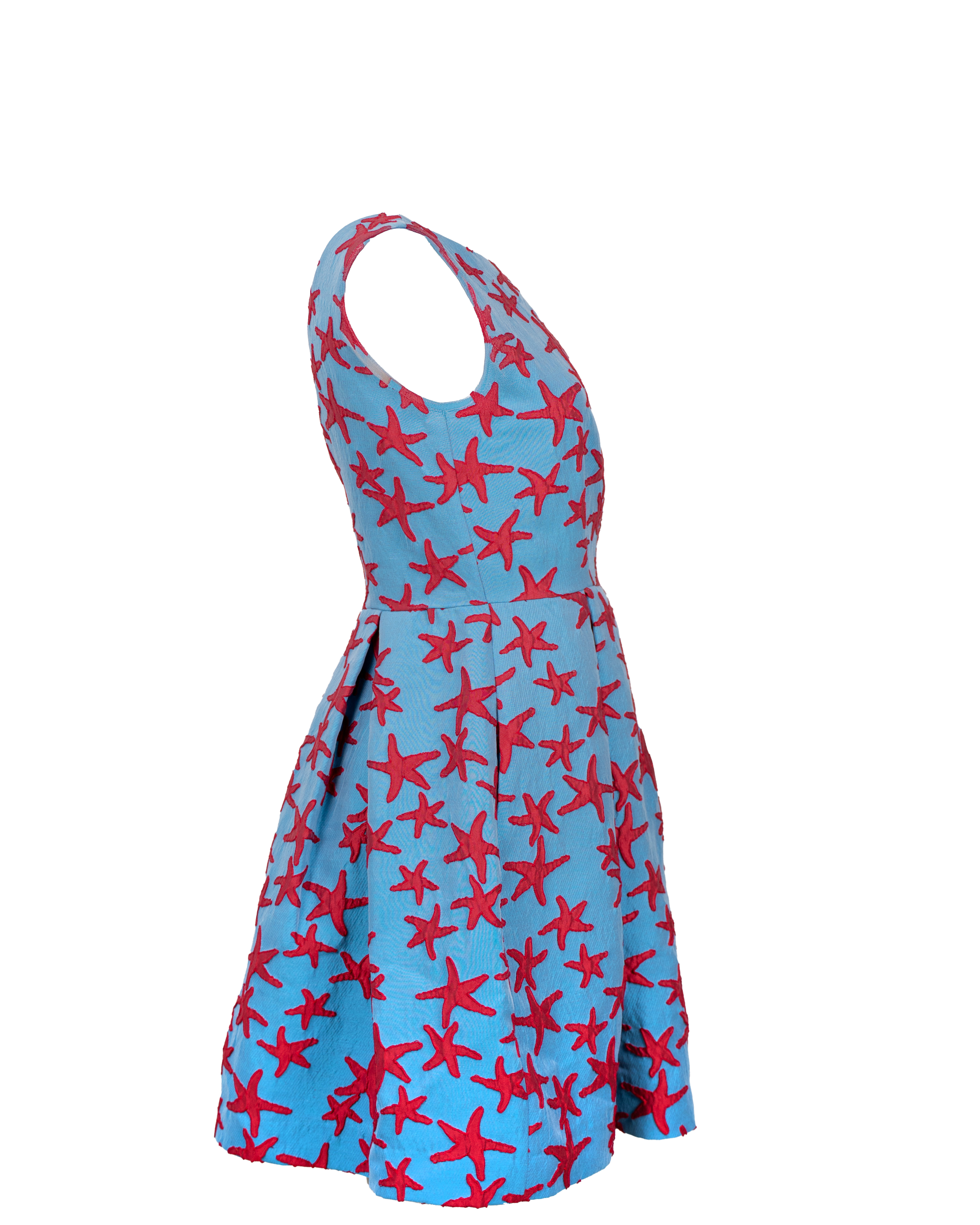 Abito Donna Zoé Milano Azzurro Stelle Marine Rosse Ricamate Gonna Pieghe Smanicato Vintage - foto 3