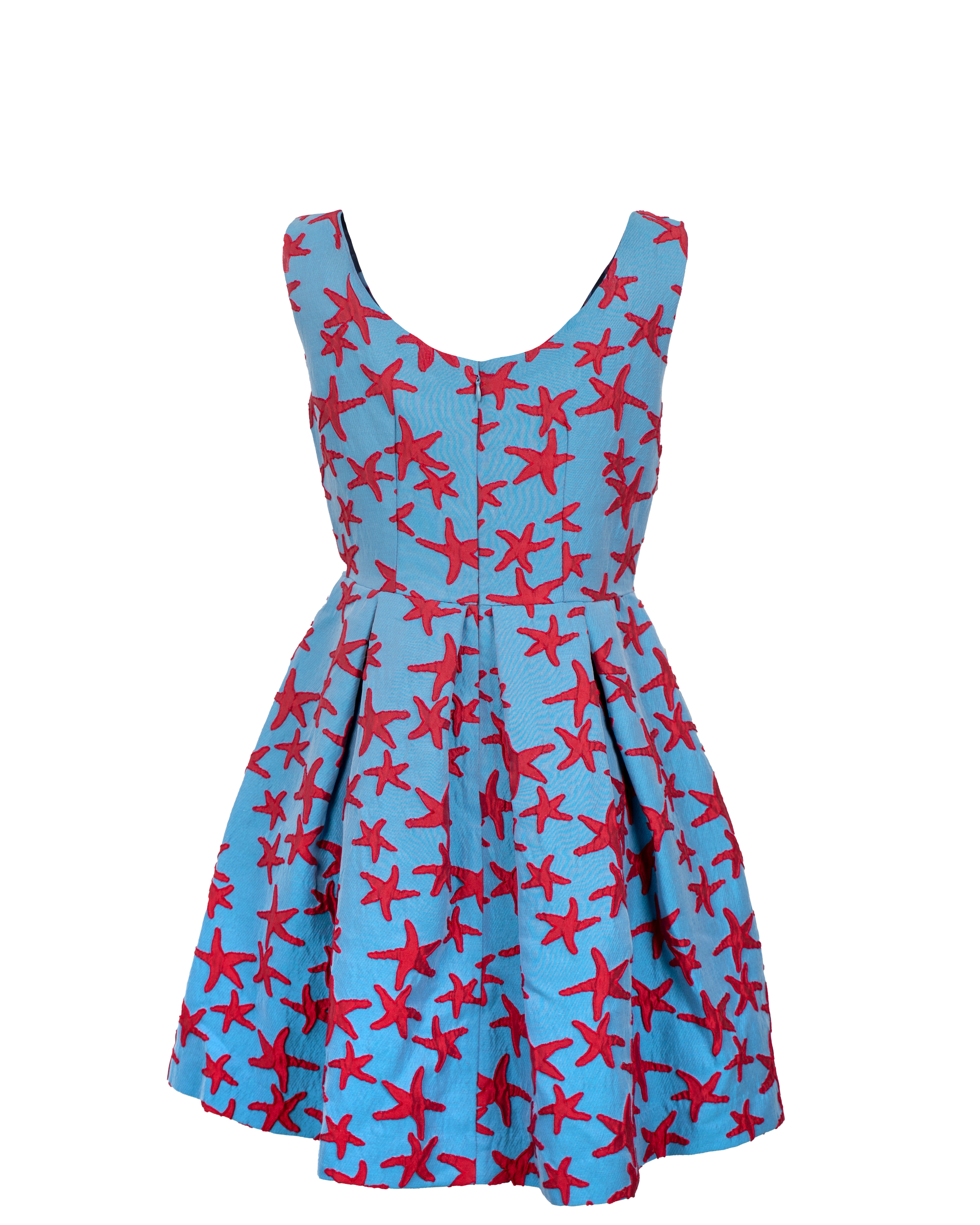 Abito Donna Zoé Milano Azzurro Stelle Marine Rosse Ricamate Gonna Pieghe Smanicato Vintage - foto 2