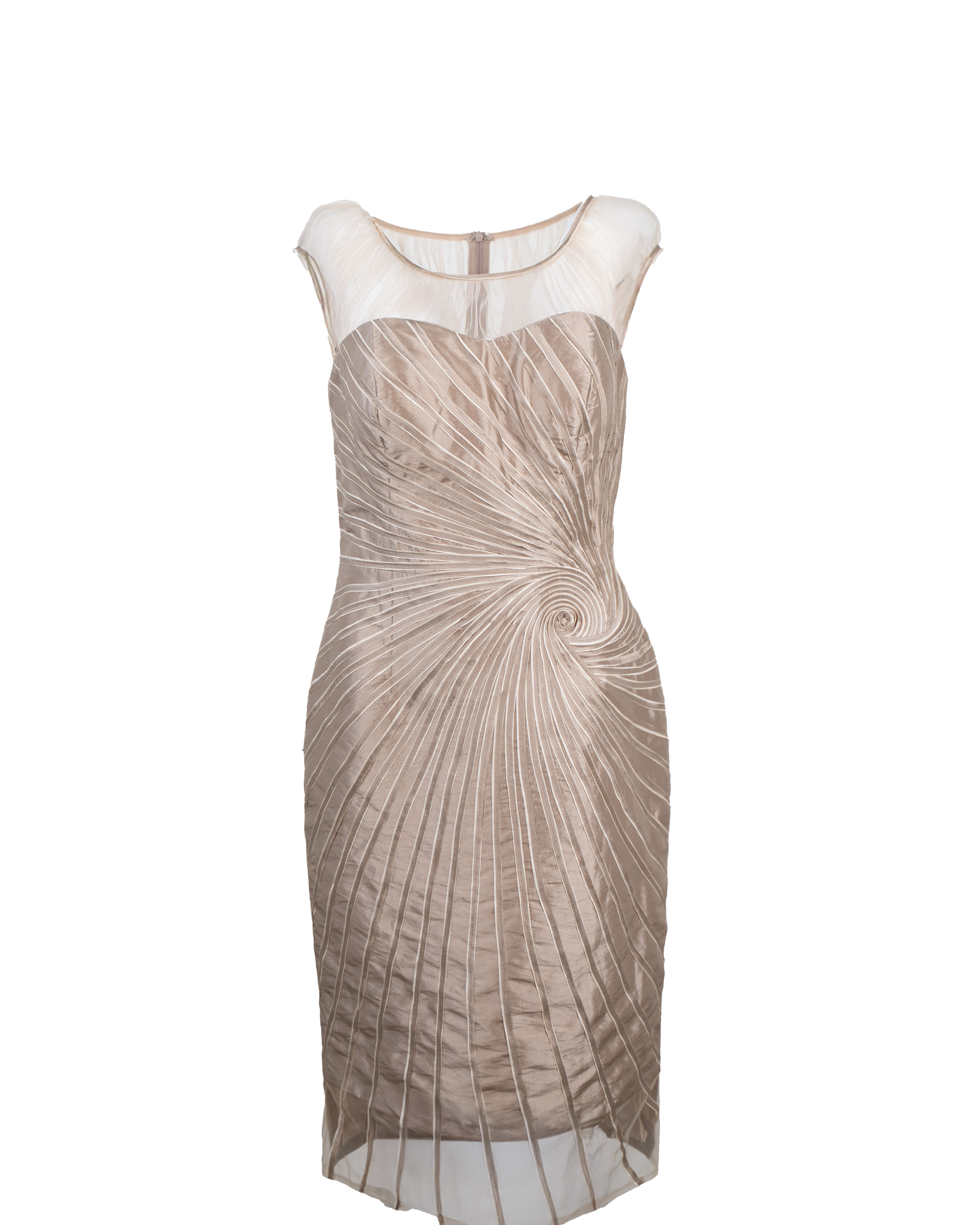 Abito Donna Gattinoni Tortora Plissé Spirale Scollo Organza Smanicato Cerimonia Vintage