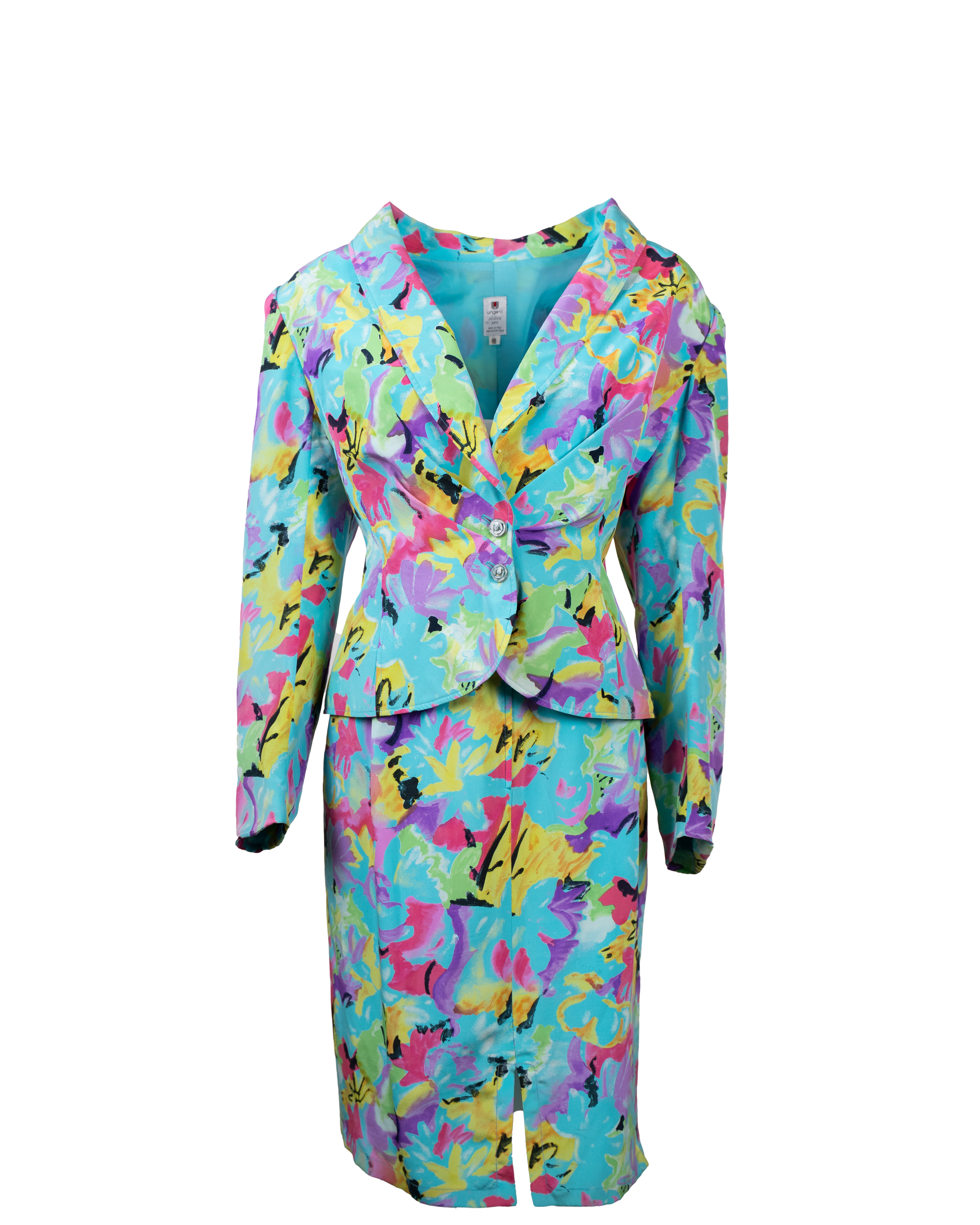 Completo Donna Emanuel Ungaro Solo Donna Paris Seta Stampa Floreale Astratta Anni 80-90 Made in Italy