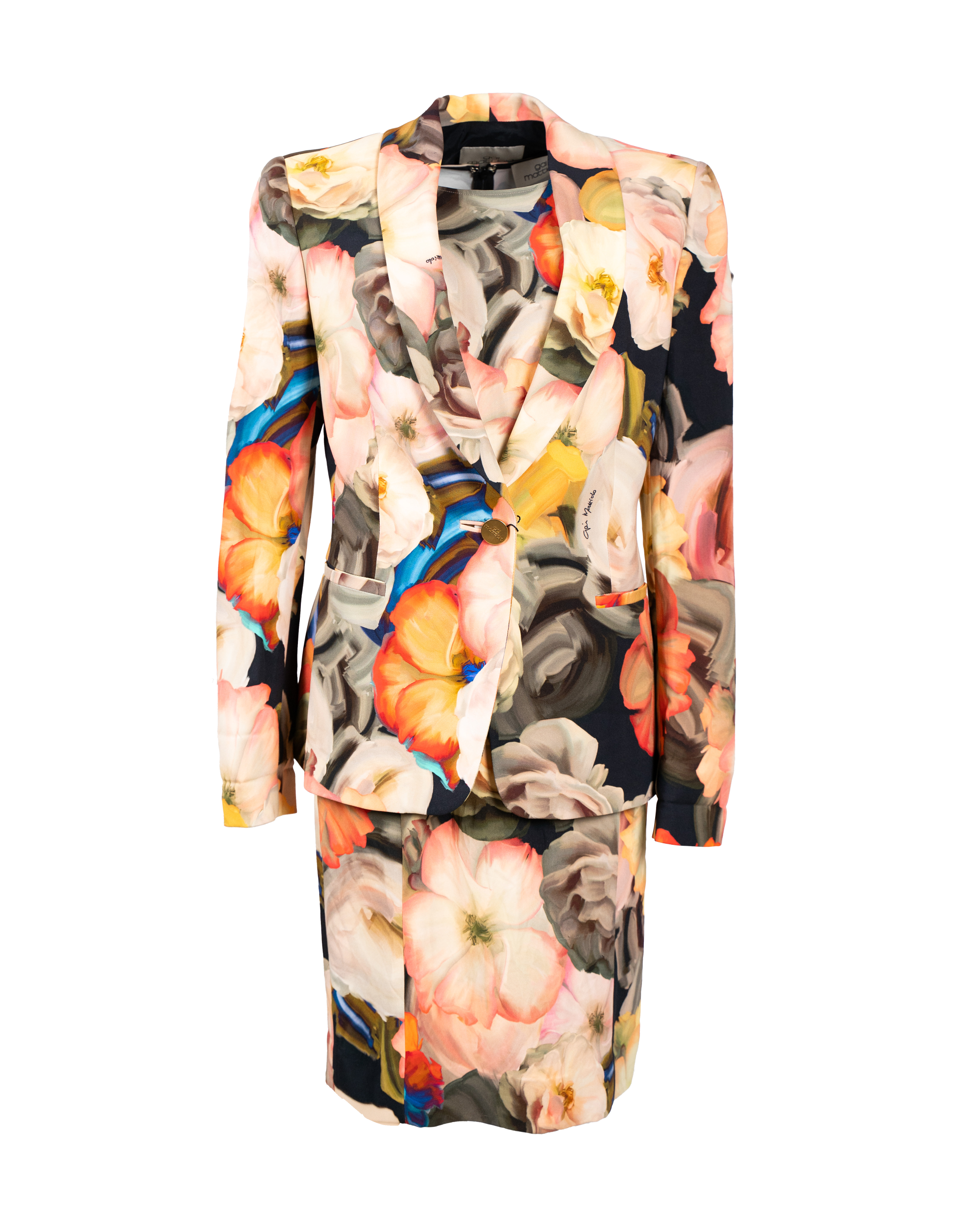 Completo Donna Gai Mattiolo Stampa Floreale Macro Multicolor Giacca e Gonna Vintage Anni 90 Luxury