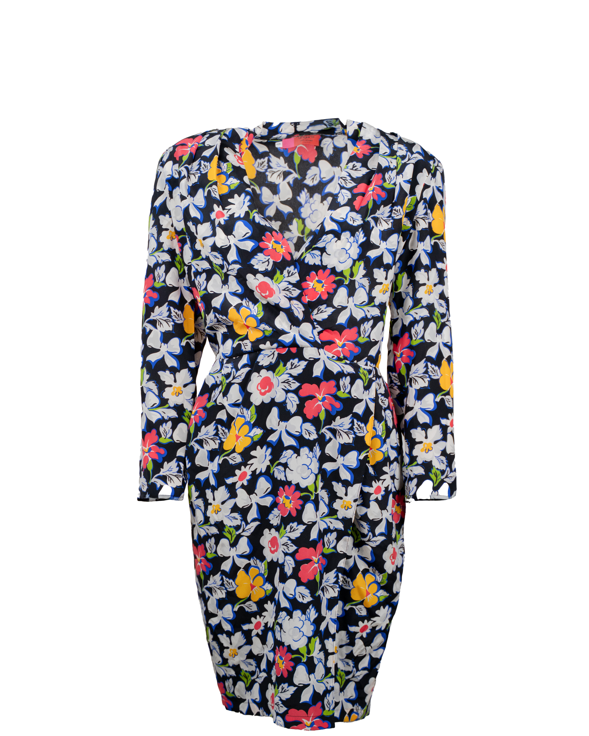 Abito Donna Ungaro Stampa Floreale Macro Fondo Nero Manica Lunga Scollo V Vintage Luxury