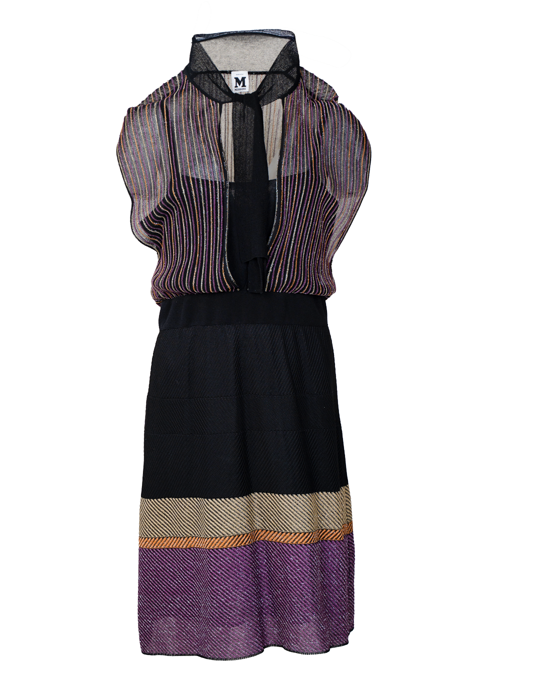 Abito Donna M Missoni Multicolor Maglia Lurex Scollo a Fiocco Gonna a Bande Made in Italy